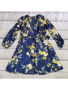 Lulus Love is Life 3X Navy Blue Floral Print Satin Wrap Dress Boho Spring Flowy